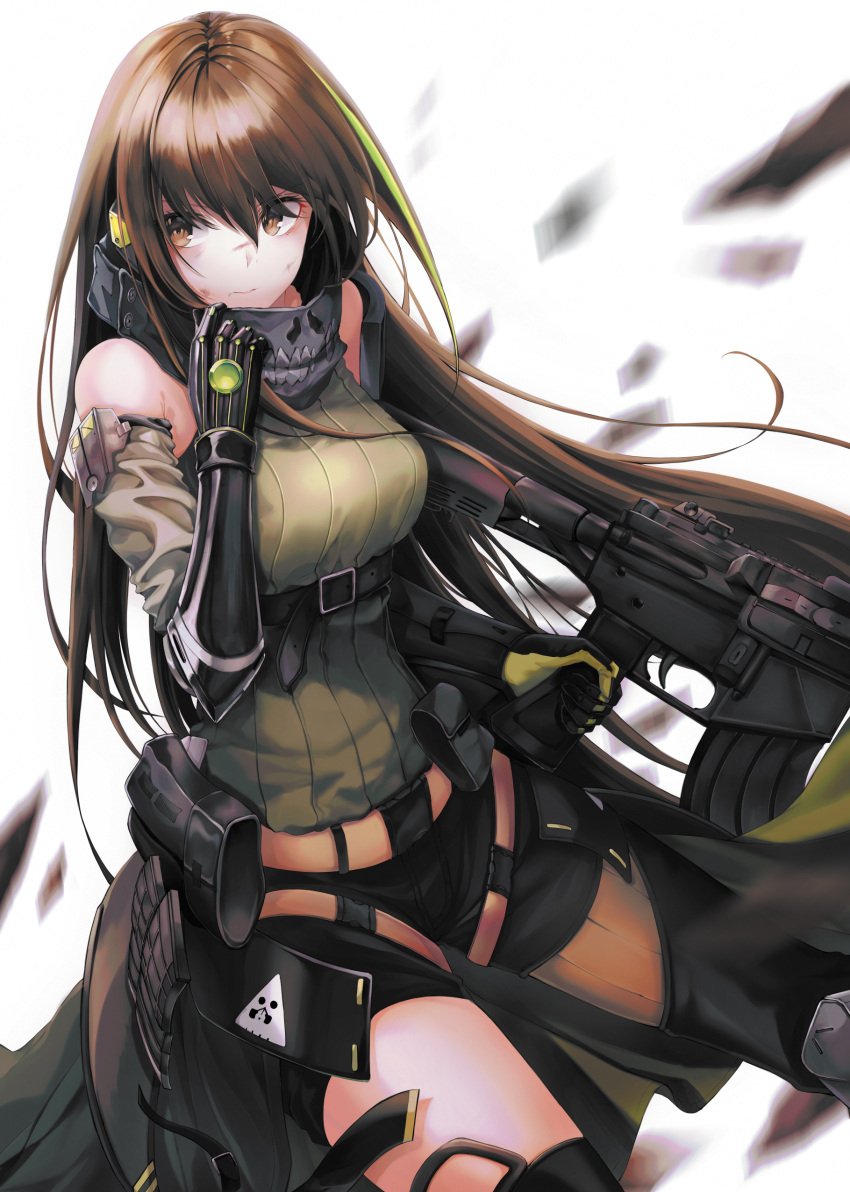 1girl absurdres bare_shoulders belt belt_pouch black_gloves breasts brown_eyes brown_hair csc00014 detached_sleeves gauntlets girls_frontline gloves green_shirt highres long_hair m4a1_(girls_frontline) magazine_(weapon) medium_breasts multicolored_hair parted_lips pouch shirt solo streaked_hair upper_body very_long_hair