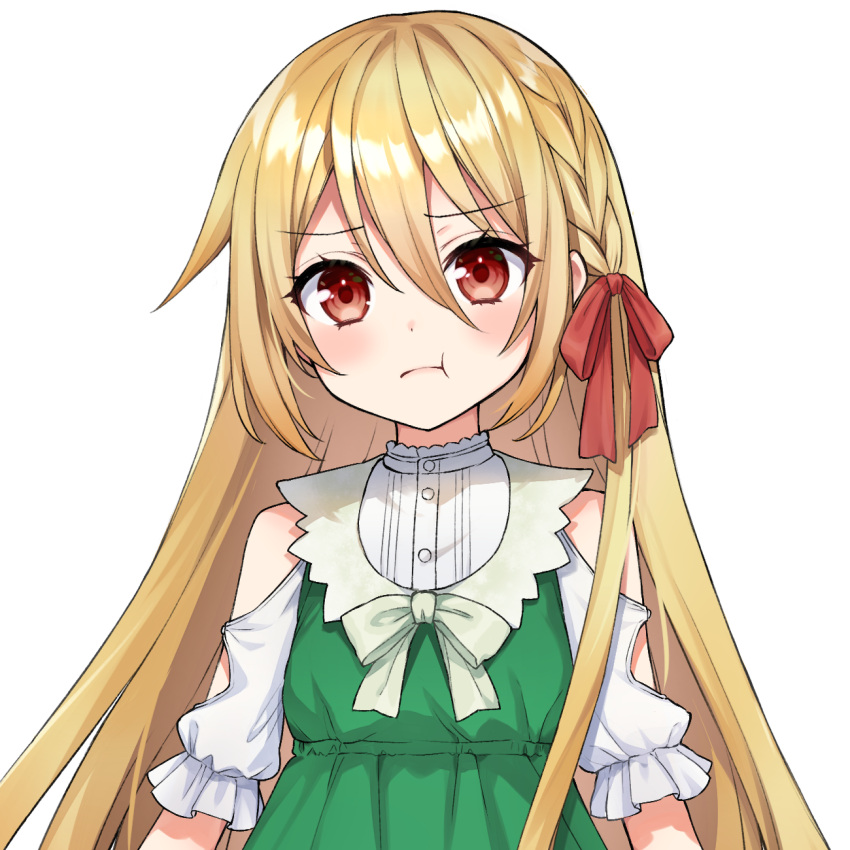1girl akariko bare_shoulders blonde_hair braid commentary_request dress eyebrows_visible_through_hair frown green_dress hair_between_eyes hair_ribbon highres long_hair looking_at_viewer red_eyes red_ribbon ribbon short_sleeves solo tachi-e transparent_background