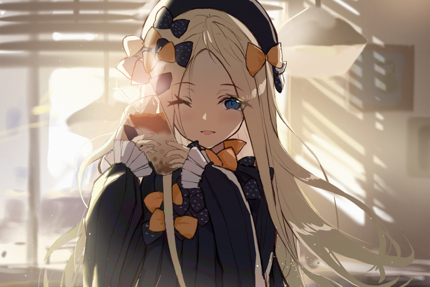 1girl abigail_williams_(fate/grand_order) backlighting bangs black_bow black_dress black_headwear blonde_hair blue_eyes blush bow breasts bubble_tea cup dress drinking_straw fate/grand_order fate_(series) forehead hair_bow highres holding holding_cup long_hair multiple_bows nekohirune one_eye_closed open_mouth orange_bow parted_bangs polka_dot polka_dot_bow ribbed_dress sleeves_past_wrists smile solo