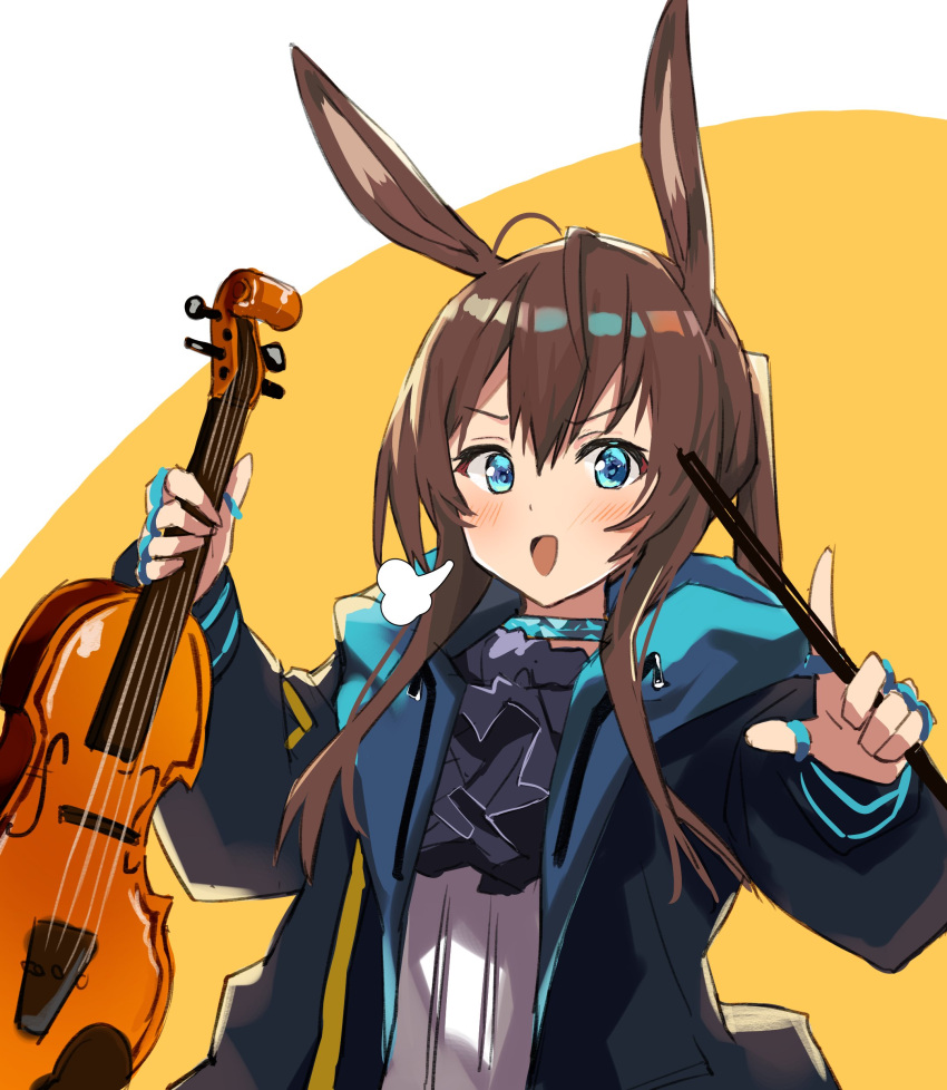 1girl absurdres amiya_(arknights) animal_ears arknights bangs black_jacket blue_eyes blush bow_(instrument) brown_hair hair_between_eyes highres holding holding_instrument instrument jacket jewelry long_hair long_sleeves looking_at_viewer open_clothes open_jacket open_mouth rabbit_ears ring simple_background smile solo thumb_ring togo_(korlsj1235) upper_body very_long_hair violin yellow_background