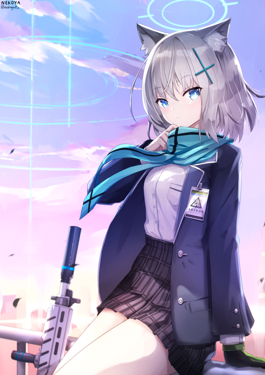 1girl animal_ear_fluff animal_ears assault_rifle bangs black_gloves black_skirt blazer blue_archive blue_eyes blue_jacket blue_scarf breasts cat_ears clouds commentary eyebrows_visible_through_hair gloves grey_hair gun hair_ornament halo hand_up highres jacket long_sleeves looking_at_viewer nekoya_(liu) open_clothes open_jacket outdoors pleated_skirt revision rifle scarf school_uniform shiroko_(blue_archive) shirt sig_sauer sig_sauer_556 signature single_glove skirt sky small_breasts solo sunset twitter_username weapon white_shirt