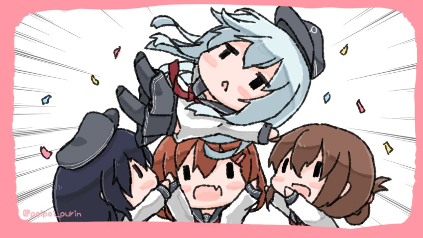 4girls akatsuki_(kantai_collection) anchor_symbol bangs black_eyes black_hair black_legwear blush brown_hair chibi confetti emphasis_lines fang flat_cap folded_ponytail hair_ornament hairclip hat hibiki_(kantai_collection) ikazuchi_(kantai_collection) inazuma_(kantai_collection) kantai_collection long_hair long_sleeves multiple_girls open_mouth pantyhose ponytail red_neckwear sailor_collar sattsu school_uniform serafuku short_hair silver_hair simple_background skin_fang skirt twitter_username white_background