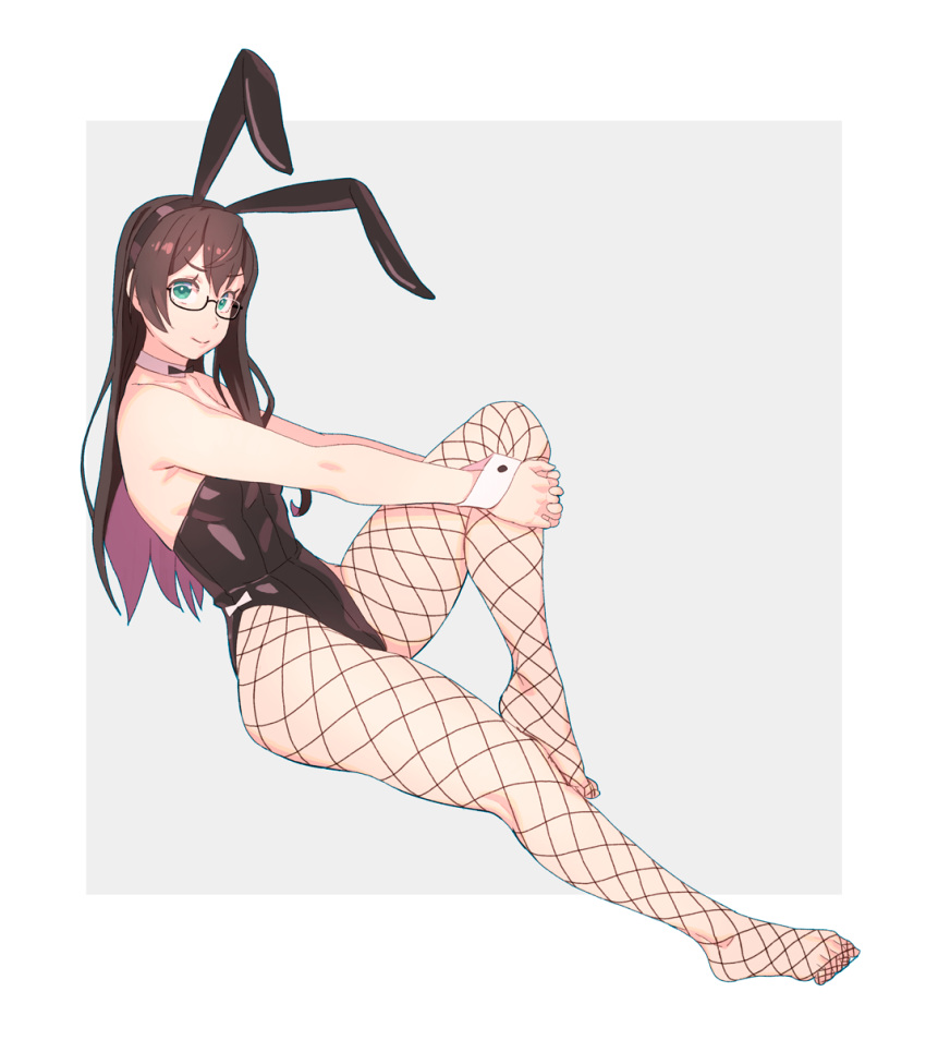 1girl animal_ears black_hair black_leotard black_neckwear bow bowtie breasts bunnysuit collarbone commentary_request detached_collar fake_animal_ears fishnet_legwear fishnets glasses grey_background hairband highres kantai_collection leotard long_hair looking_at_viewer no_shoes ooyodo_(kantai_collection) pantyhose rabbit_ears semi-rimless_eyewear simple_background small_breasts smug solo strapless strapless_leotard under-rim_eyewear wrist_cuffs yuuji_(and)