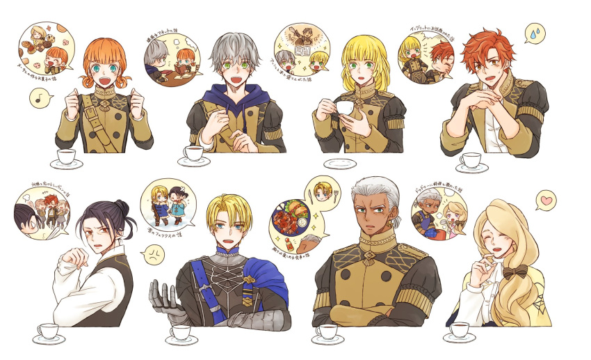 3girls 5boys annette_fantine_dominic apron ashe_ubert black_hair blonde_hair blue_eyes book bow brown_eyes closed_eyes closed_mouth coat cookie crossed_arms cup dark_skin dark_skinned_male dedue_molinaro dimitri_alexandre_blaiddyd earrings felix_hugo_fraldarius fire_emblem fire_emblem:_three_houses food from_side fur_trim garreg_mach_monastery_uniform green_eyes grey_hair hair_bow highres holding holding_cup holding_ladle hood hood_down ingrid_brandl_galatea jewelry ladle long_hair long_sleeves looking_to_the_side low_ponytail mercedes_von_martritz multiple_boys multiple_girls one_eye_closed open_book open_mouth orange_hair reading red_eyes redhead short_hair snrn_w sylvain_jose_gautier teacup twintails uniform upper_body younger