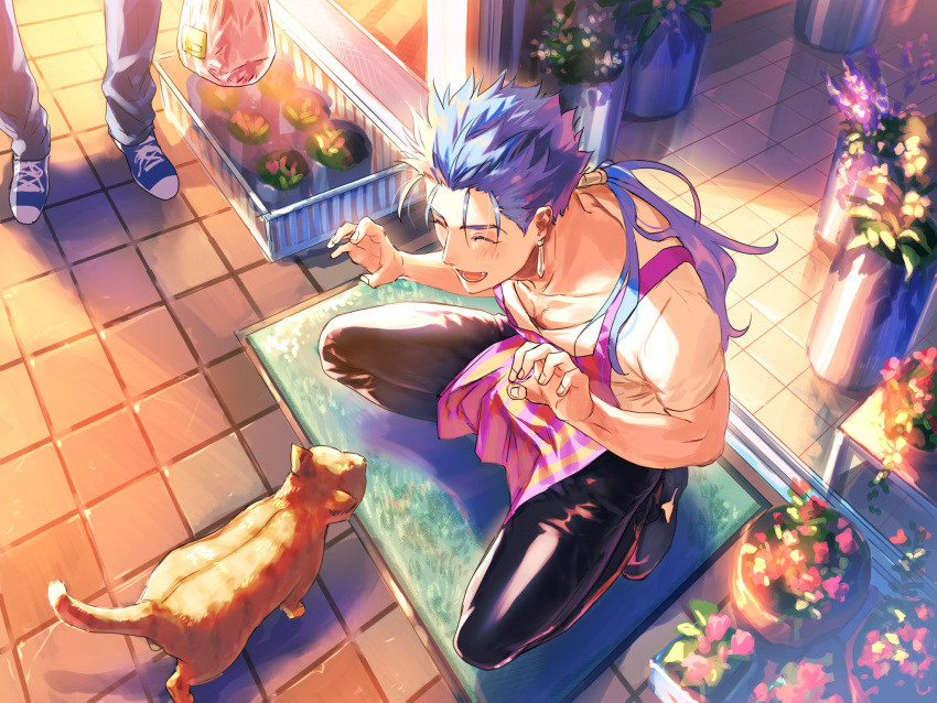 1boy ^_^ apron bag black_pants blue_hair cat closed_eyes cu_chulainn_(fate)_(all) doormat doorway earrings emiya-san_chi_no_kyou_no_gohan entrance fang fate_(series) flower full_body grocery_bag highres jewelry lancer long_hair male_focus mullet nangoku_(bikku) open_mouth out_of_frame outdoors pants pink_apron plant ponytail potted_plant rug shirt shoes shopping_bag smile sneakers solo_focus spiky_hair squatting t-shirt tile_floor tiles
