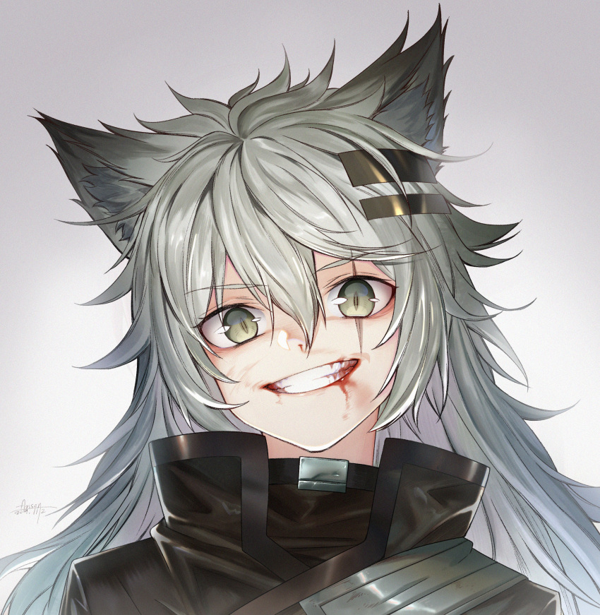 1girl absurdres animal_ear_fluff animal_ears anson_(13686564308) arknights bangs blood blood_from_mouth blood_on_face dated eyebrows_visible_through_hair green_eyes green_hair grey_background grey_eyes grin hair_between_eyes hair_ornament hairclip highres injury jacket lappland_(arknights) long_hair looking_at_viewer nosebleed portrait scar scar_across_eye signature silver_hair slit_pupils smile solo wolf_ears