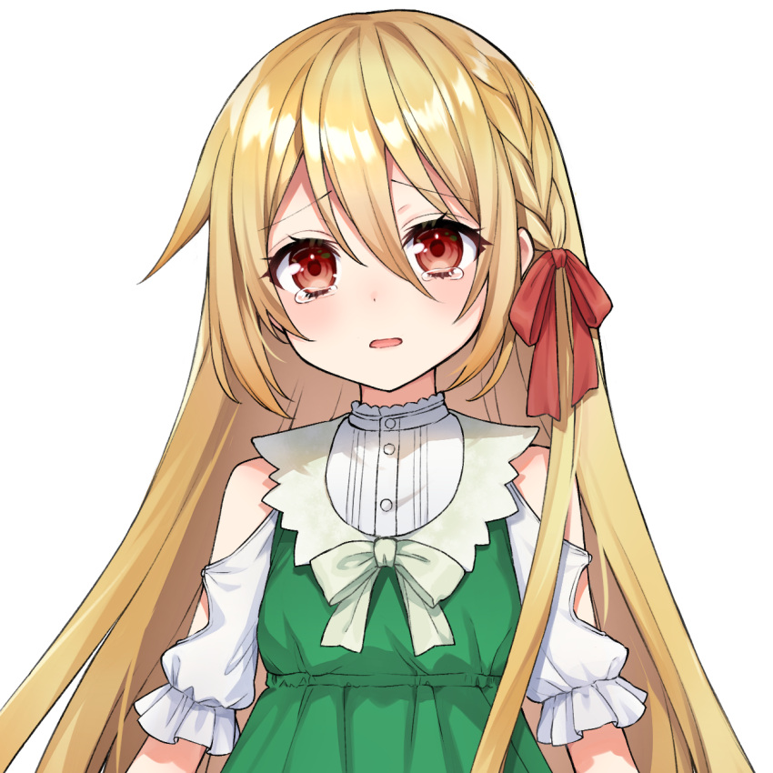 1girl akariko bare_shoulders blonde_hair braid commentary_request copyright_request dress eyebrows_visible_through_hair green_dress hair_between_eyes hair_ribbon highres long_hair looking_at_viewer red_eyes red_ribbon ribbon sad short_sleeves solo tachi-e tears transparent_background