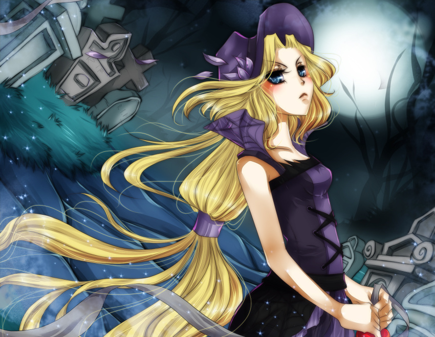 1girl blonde_hair blue_eyes blush commentary dark draik english_commentary eyelashes frown full_moon grass graveyard hat highres holding long_hair looking_at_viewer moon neopets night night_sky outdoors personification purple_headwear road sky solo tied_hair tomb upper_body very_long_hair yakuun