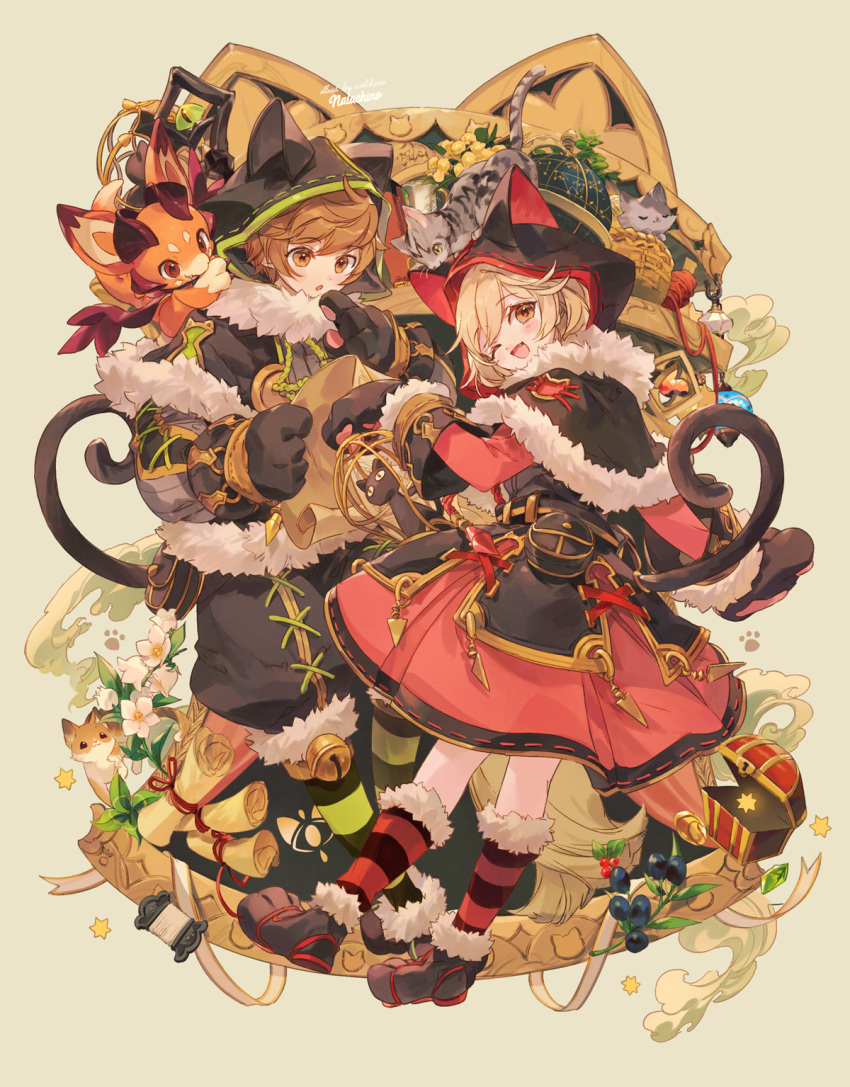 1boy 1girl animal_ears animal_hood bell blonde_hair brown_eyes brown_hair capelet cat cat_tail djeeta_(granblue_fantasy) dress fake_animal_ears fur_trim gloves gran_(granblue_fantasy) granblue_fantasy highres hood hood_up one_eye_closed open_mouth paw_gloves paw_shoes paws shoes striped striped_legwear tail treasure_chest vee_(granblue_fantasy) welchino