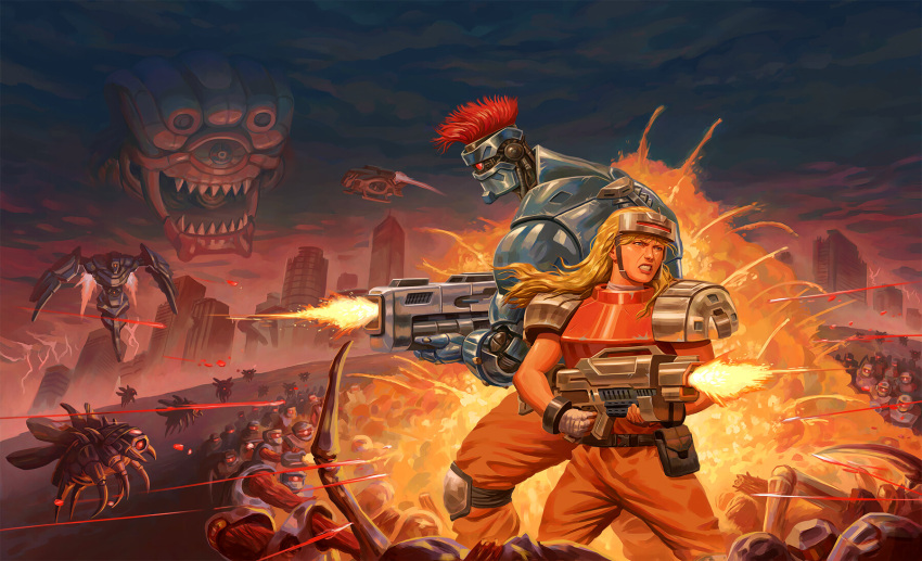 1990s_(style) 1boy 1girl back-to-back battle_rifle blazing_chrome blue_eyes breastplate commentary cyborg cyclops dudu_torres english_commentary explosion firing forehead_protector gun highres knee_pads long_hair mecha mohawk muzzle_flash official_art oldschool one-eyed pauldrons realistic redhead rifle robot science_fiction weapon