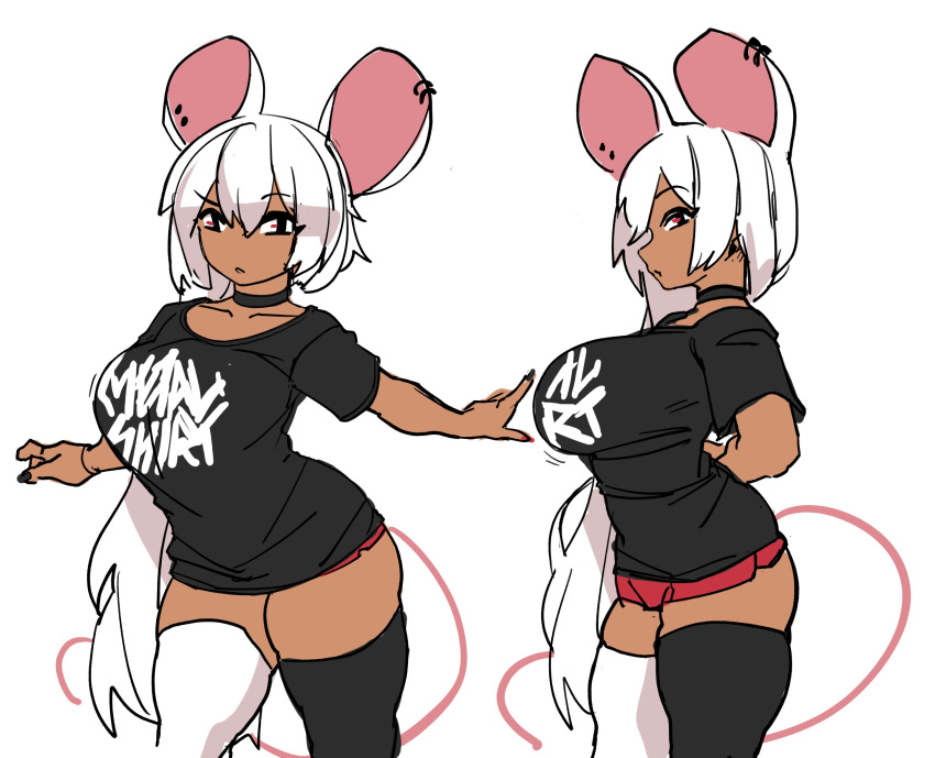 1girl 2020 animal_ears baggy_clothes black_choker black_legwear breasts chinese_zodiac choker clothes_writing dark_skin ear_piercing flat_color highres huge_breasts long_hair mismatched_legwear mouse_ears mouse_girl mouse_tail multiple_views original pajamas_challenge piercing pulled_by_self shirt short_shorts shorts standing t-shirt tail taut_clothes taut_shirt thick_thighs thigh-highs thighs variations very_long_hair white_hair white_legwear year_of_the_rat zana