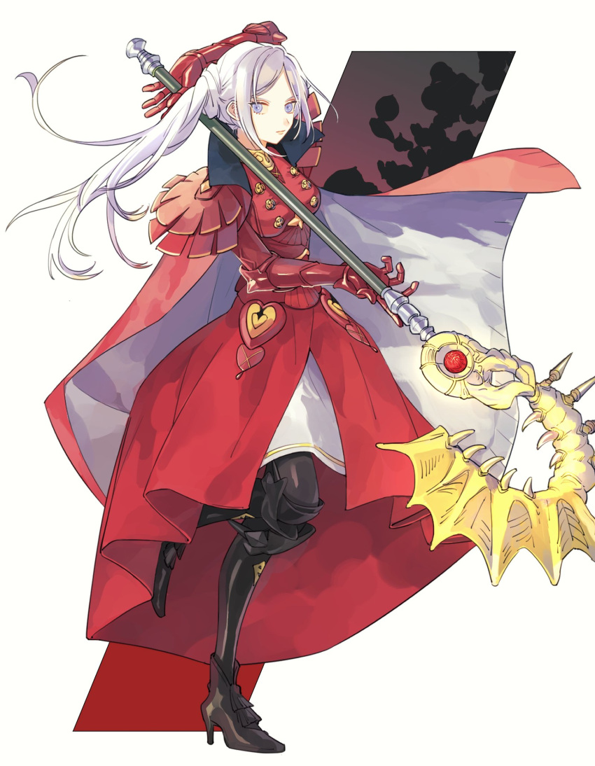 1girl armor axe cape closed_mouth edelgard_von_hresvelg fire_emblem fire_emblem:_three_houses fish_season44 full_body high_heels highres holding holding_axe long_hair side_ponytail simple_background solo violet_eyes white_background white_hair
