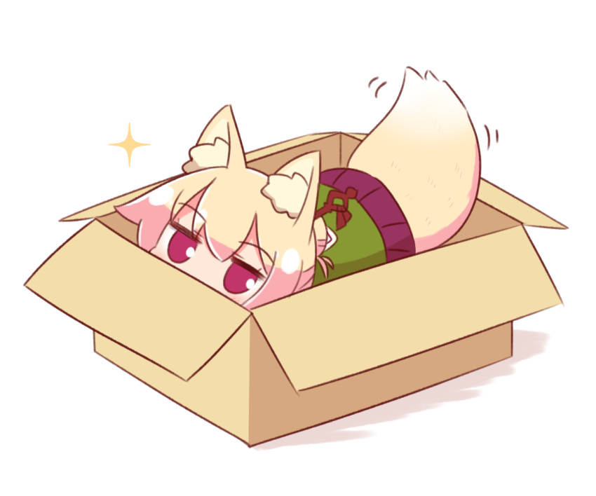 1girl animal_ear_fluff animal_ears blonde_hair box cardboard_box commentary eyebrows_visible_through_hair for_adoption fox_ears fox_girl fox_tail hair_ornament hair_stick in_box in_container kemomimi-chan_(naga_u) looking_at_viewer naga_u original simple_background solo tail tail_wagging violet_eyes white_background