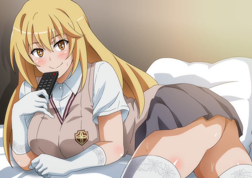 +_+ 1girl ass bangs beige_vest blonde_hair blush breasts collared_shirt controller elbow_gloves gloves grey_skirt hair_between_eyes hera_(hara0742) highres large_breasts long_hair looking_at_viewer lying on_bed on_stomach pillow remote_control shirt shokuhou_misaki short_sleeves skirt smile solo sparkling_eyes spider_web_print thigh-highs thighs to_aru_kagaku_no_railgun to_aru_majutsu_no_index white_gloves white_legwear white_shirt yellow_eyes