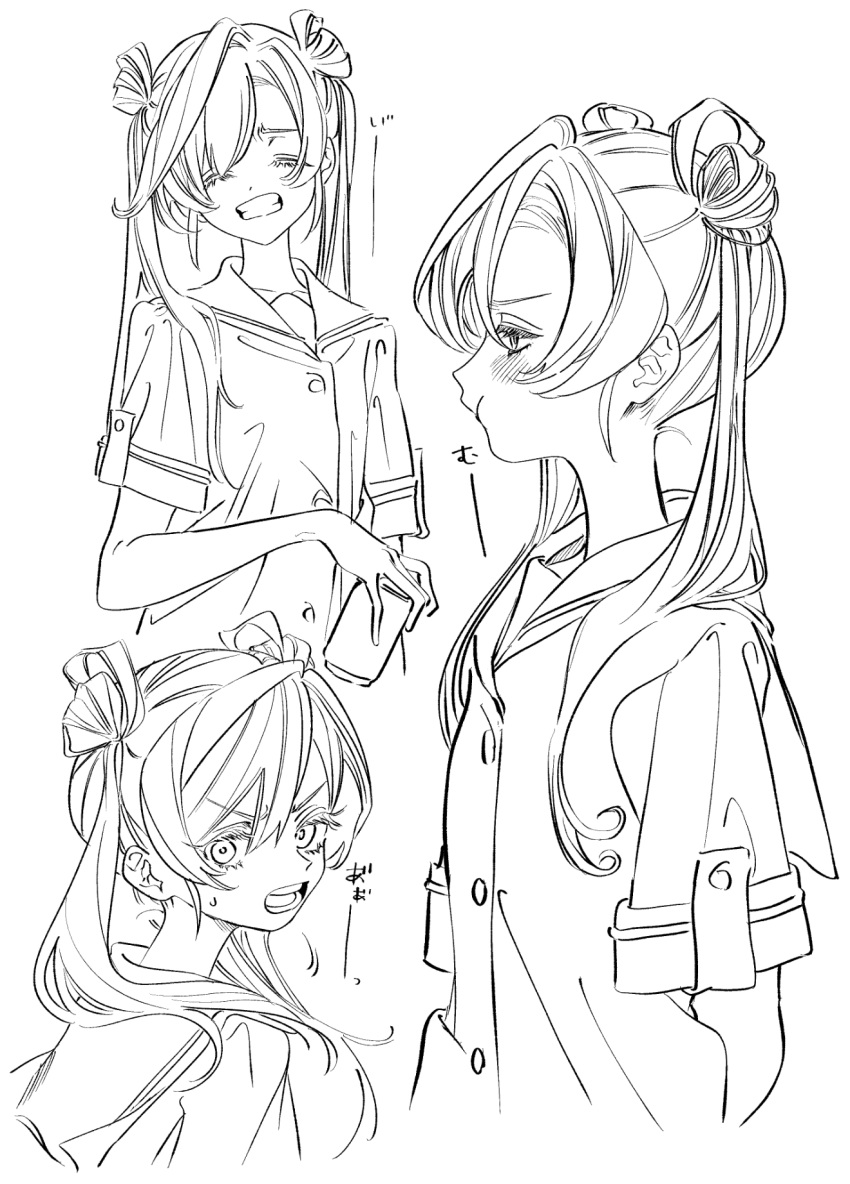 1girl abukuma_(kancolle) bangs blush can clenched_teeth closed_eyes closed_mouth deco_(geigeki_honey) double_bun hair_between_eyes highres holding holding_can kantai_collection lineart long_hair monochrome multiple_views open_mouth pout sailor_collar school_uniform serafuku short_sleeves simple_background sweat teeth translation_request twintails