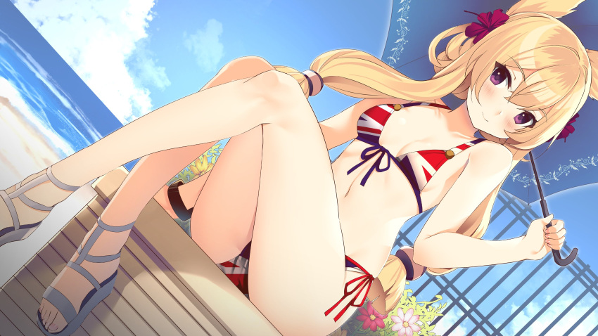 1girl ass azur_lane bare_arms bare_shoulders beach bikini blonde_hair breasts clouds collarbone commission day dutch_angle flower front-tie_bikini front-tie_top hair_ears hair_flower hair_ornament highres holding holding_umbrella horizon jun_project long_hair looking_at_viewer navel ocean outdoors red_flower sandals side-tie_bikini sitting small_breasts smile solo stomach string_bikini swimsuit thighs umbrella union_jack_bikini violet_eyes warspite_(azur_lane) wristband