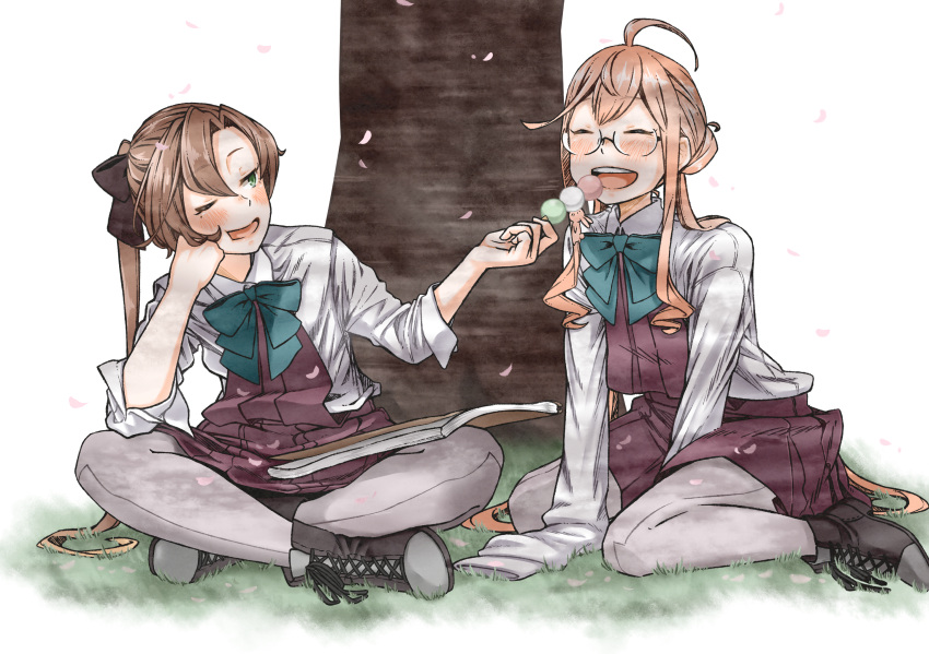 2girls ahoge akigumo_(kantai_collection) bangs blush book boots bow bowtie brown_hair closed_eyes commentary_request cross-laced_footwear dango double_bun eyebrows_visible_through_hair feeding food full_body glasses grass green_eyes grey_legwear hair_ribbon halterneck hanami hand_on_own_face highres indian_style kantai_collection lace-up_boots long_hair long_sleeves makigumo_(kantai_collection) multiple_girls open_mouth pantyhose pink_hair pleated_skirt ponytail ribbon round_teeth sanshoku_dango school_uniform shirt sidelocks sitting skirt sleeves_past_fingers sleeves_past_wrists smile tamaki. teeth twintails upper_teeth wagashi white_shirt