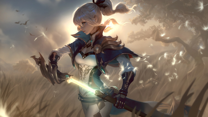 1girl backlighting bangs blonde_hair blue_eyes breasts capelet closed_mouth clouds coattails floating_hair gauntlets genshin_impact glowing glowing_weapon grass hair_between_eyes hair_ribbon high_collar highres holding holding_sword holding_weapon jacket jean_(genshin_impact) long_hair looking_afar medium_breasts official_art outdoors pants ponytail popped_collar raikoart ribbon sheath sidelocks solo sunlight sword unsheathing weapon window