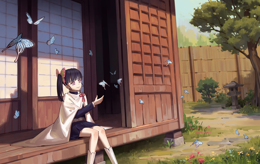 1girl bangs black_hair black_skirt blue_jacket blunt_bangs bug butterfly butterfly_hair_ornament cape closed_mouth day flower garden hair_ornament insect jacket kimetsu_no_yaiba long_hair long_sleeves miniskirt outdoors pink_eyes pleated_skirt red_flower red_ribbon ribbon shiny shiny_hair side_ponytail sitting skirt smile solo tsuyuri_kanao veranda white_cape white_footwear yusheng