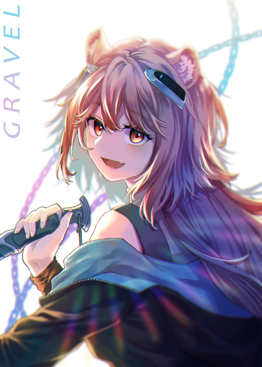 1girl animal_ear_fluff animal_ears arknights bangs blade chain close-up english_text eyebrows_visible_through_hair eyelashes face fang fang_out gravel_(arknights) hair_between_eyes hair_ornament highres holding holding_weapon hood hoodie lips long_hair looking_at_viewer monicomic open_mouth orange_eyes pink_hair portrait simple_background skin_fang sleeveless smile solo weapon white_background