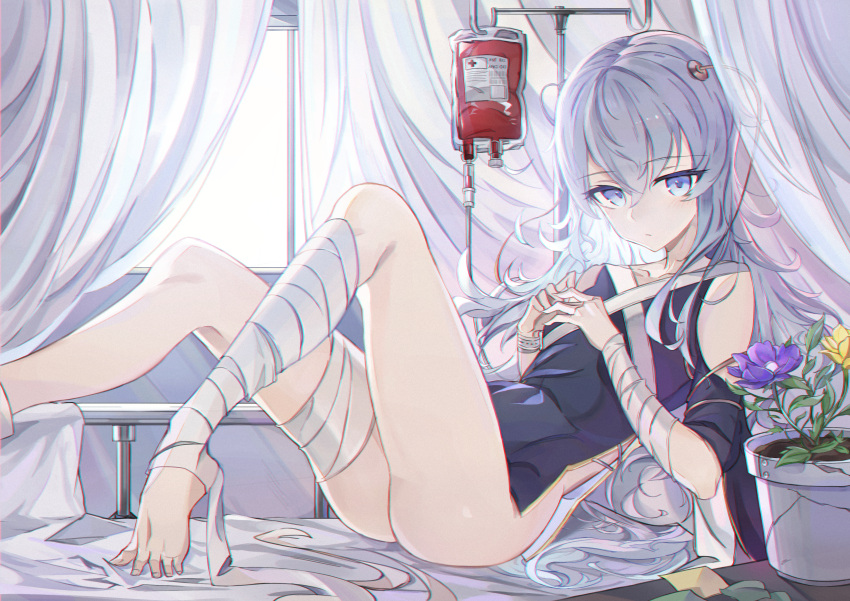 1girl absurdres ass bandaged_arm bandaged_leg bandages bangs barefoot bed blood blood_bag blue_eyes blush closed_mouth collarbone commentary_request curtains dress eyebrows_visible_through_hair flower flower_pot girls_frontline highres hospital_bed huge_filesize indoors intravenous_drip long_hair lying on_back ribeyrolles_1918_(girls_frontline) shoulder_cutout side_cutout silver_hair solo verslll wavy_hair window