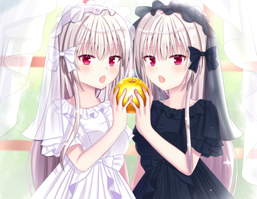 2girls :o arm_up black_dress black_headwear commentary_request curtains dress eyebrows_visible_through_hair fang food fruit golden_apple hair_between_eyes hair_ribbon holding holding_food holding_fruit light_blush light_particles long_hair looking_at_viewer multiple_girls nibosisuzu open_mouth original pink_eyes ribbon short_sleeves siblings silver_hair standing symmetry twins upper_body very_long_hair white_dress white_headwear window