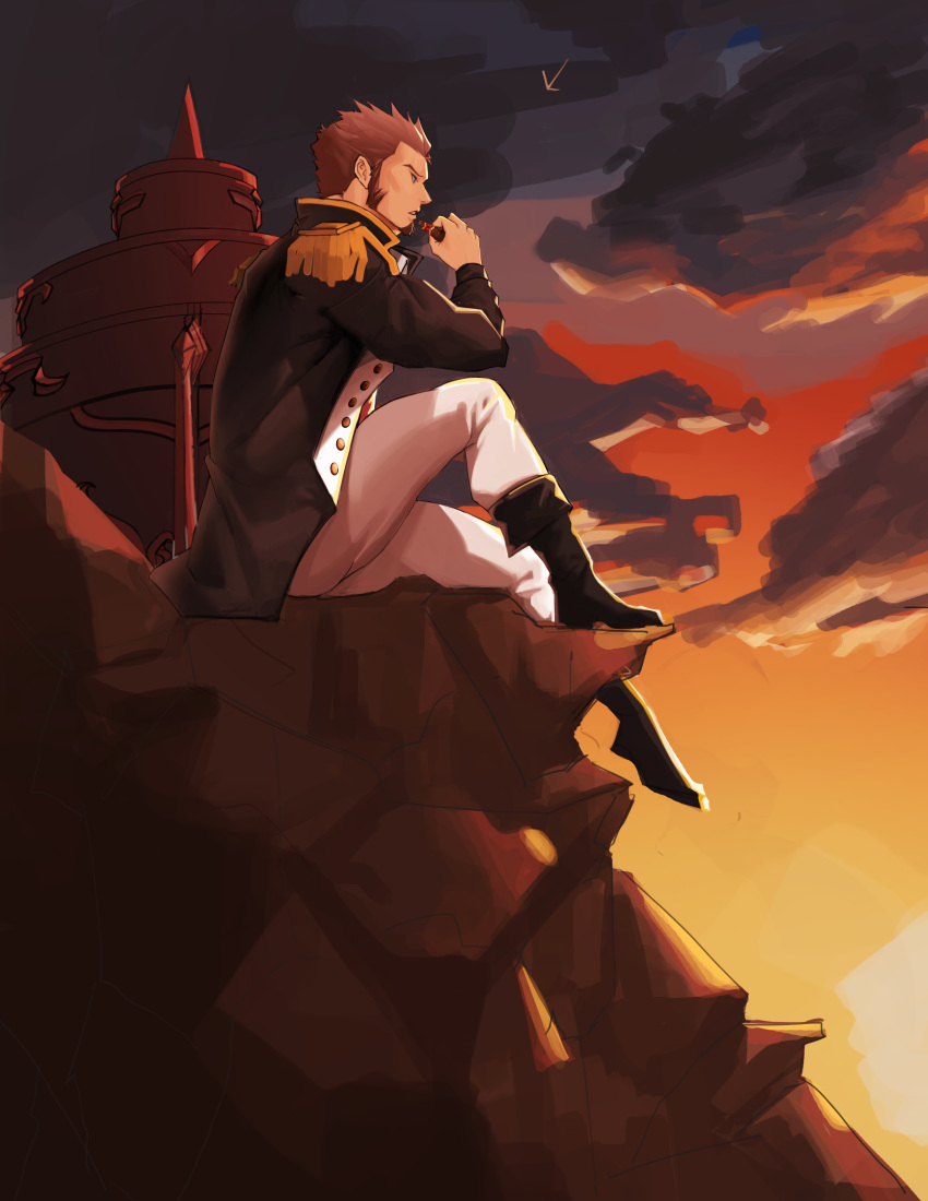 1boy absurdres blue_eyes boots brown_hair cliff clouds epaulettes facial_hair fate/grand_order fate_(series) highres huge_weapon long_sleeves male_focus mecata military military_uniform napoleon_bonaparte_(fate/grand_order) open_mouth outdoors pants scenery sitting sky solo uniform weapon