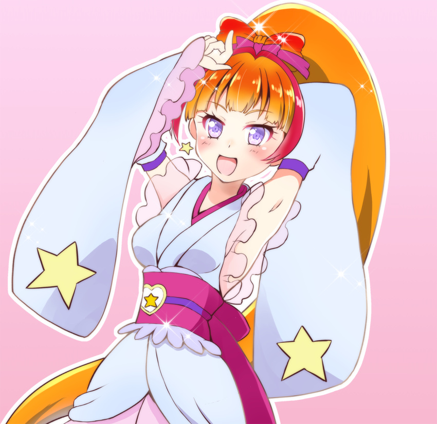 1girl :d armpits bangs blonde_hair blunt_bangs blush bow breasts brown_hair character_request cowboy_shot detached_sleeves floating_hair gradient_hair hair_bow high_ponytail highres japanese_clothes kaatsukun kimono long_hair long_sleeves multicolored_hair obi open_mouth orange_bow pink_background precure print_sleeves purple_bow sash shiny shiny_hair short_kimono sideboob simple_background sleeveless sleeveless_kimono small_breasts smile solo sparkle standing star star_print very_long_hair violet_eyes white_kimono white_sleeves wide_sleeves