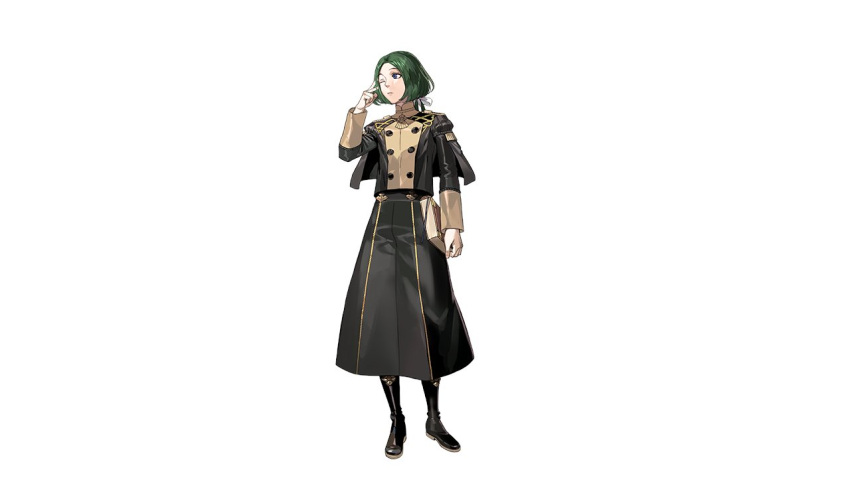 1boy blue_eyes book closed_mouth commentary english_commentary fire_emblem fire_emblem:_three_houses full_body garreg_mach_monastery_uniform green_hair holding holding_book kurahana_chinatsu linhardt_von_hevring long_hair low_ponytail male_focus official_art one_eye_closed simple_background solo standing uniform white_background