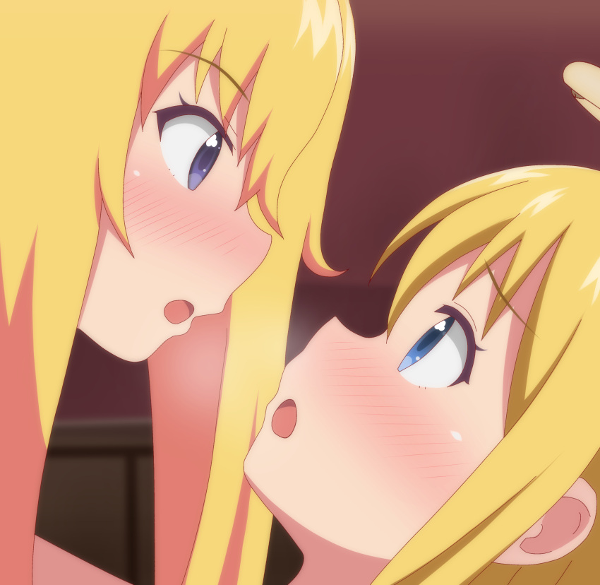 1girl 1other absurdres angel angel_wings bed blonde_hair blush commentary_request crimvael face-to-face gabriel_dropout halo heavy_breathing highres ishuzoku_reviewers poa_mellhen seiyuu_connection tenma_gabriel_white trait_connection wings yuri