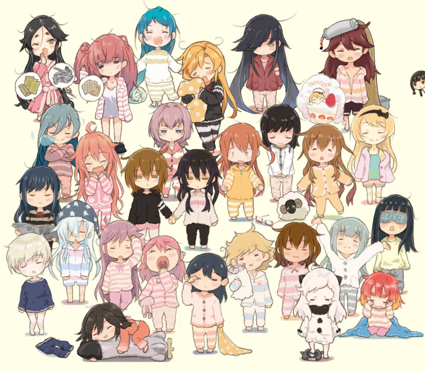 3_3 6+girls :o abukuma_(kantai_collection) ahoge akebono_(kantai_collection) alternate_hairstyle arms_up asashio_(kantai_collection) atlanta_(kantai_collection) bangs blanket blonde_hair blue_hair blush braid brown_hair cake chibi closed_eyes closed_mouth crossed_arms dress etorofu_(kantai_collection) eye_mask eyebrows_visible_through_hair eyewear_removed food fubuki_(kantai_collection) fumizuki_(kantai_collection) glasses grey_hair hair_down half-closed_eyes hat hatsushimo_(kantai_collection) hatsuyuki_(kantai_collection) hayashimo_(kantai_collection) hibiki_(kantai_collection) highres holding holding_hands horns ikazuchi_(kantai_collection) jervis_(kantai_collection) kantai_collection kasumi_(kantai_collection) kitakami_(kantai_collection) kiyoshimo_(kantai_collection) long_hair lying messy_hair mochizuki_(kantai_collection) multiple_girls newspaper nisshin_(kantai_collection) northern_ocean_hime oboro_(kantai_collection) one_eye_closed open_mouth otoufu pajamas pants pillow pink_hair purple_hair redhead ryuujou_(kantai_collection) saliva samidare_(kantai_collection) sazanami_(kantai_collection) sendai_(kantai_collection) sheep shinkaisei-kan shiranui_(kantai_collection) short_hair silver_hair simple_background sleepy smile standing stretch striped striped_pajamas stuffed_animal stuffed_toy tank_top tears thought_bubble ushio_(kantai_collection) uzuki_(kantai_collection) wakaba_(kantai_collection) white_hair yawning yellow_background z1_leberecht_maass_(kantai_collection)