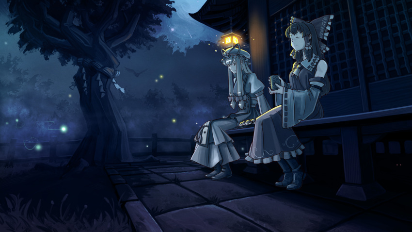 1girl absurdres annoyed ascot bench bird boots bow closed_eyes cup detached_sleeves fireflies food food_request frilled_skirt frills from_behind glowing glowing_eyes grin hair_bow hair_tubes hakurei_reimu hat highres holding holding_cup lantern long_hair looking_at_another looking_at_viewer mob_cap night night_sky outdoors rope shimenawa sitting sitting_on_bench skirt sky smile solo tabard touhou tree u-joe