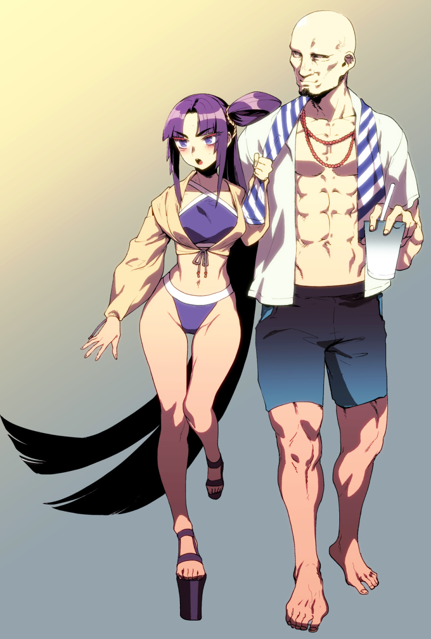 1boy 1girl abs absurdly_long_hair bald barefoot black_sclera blue_eyes blush breasts couple cup disposable_cup eyebrows_visible_through_hair facial_hair fate/grand_order fate_(series) forehead front-tie_top geta goatee height_difference hetero highres jewelry long_hair long_sleeves medium_breasts musashibo_benkei_(fate/grand_order) muscle navel necklace open_clothes open_shirt pearl_necklace purple_swimsuit rokkotsu shorts side_bun side_ponytail single_strap swimsuit tengu-geta thigh_gap towel towel_around_neck ushiwakamaru_(fate/grand_order) very_long_hair violet_eyes walking