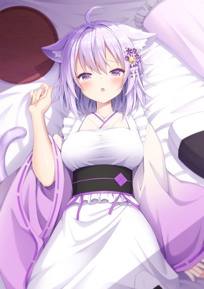 1girl absurdres ahoge animal_ear_fluff animal_ears apron bangs bed_sheet bell blush breasts cat_ears cat_girl cat_tail eyebrows_visible_through_hair food frilled_pillow frills hair_bell hair_between_eyes hair_ornament highres hololive japanese_clothes jingle_bell kimono long_sleeves looking_at_viewer lying maid_apron medium_breasts nekomata_okayu obi on_back onigiri parted_lips pillow purple_hair purple_kimono ribbon-trimmed_sleeves ribbon_trim sasakura_momiji sash sleeves_past_wrists solo sweat tail tail_raised tray violet_eyes virtual_youtuber white_apron wide_sleeves