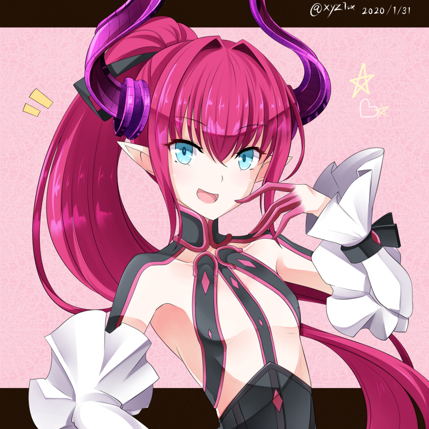 1girl :d bangs black_dress blue_eyes blush breasts collarbone commentary_request curled_horns dated detached_sleeves dragon_horns dress elizabeth_bathory_(fate) elizabeth_bathory_(fate)_(all) eyebrows_visible_through_hair fate/extra fate/extra_ccc fate_(series) finger_to_mouth hair_between_eyes hair_intakes hand_up heart hebitsukai-san highres horns long_hair long_sleeves looking_at_viewer open_mouth pointy_ears ponytail purple_hair sidelocks small_breasts smile solo star twitter_username upper_body very_long_hair white_sleeves