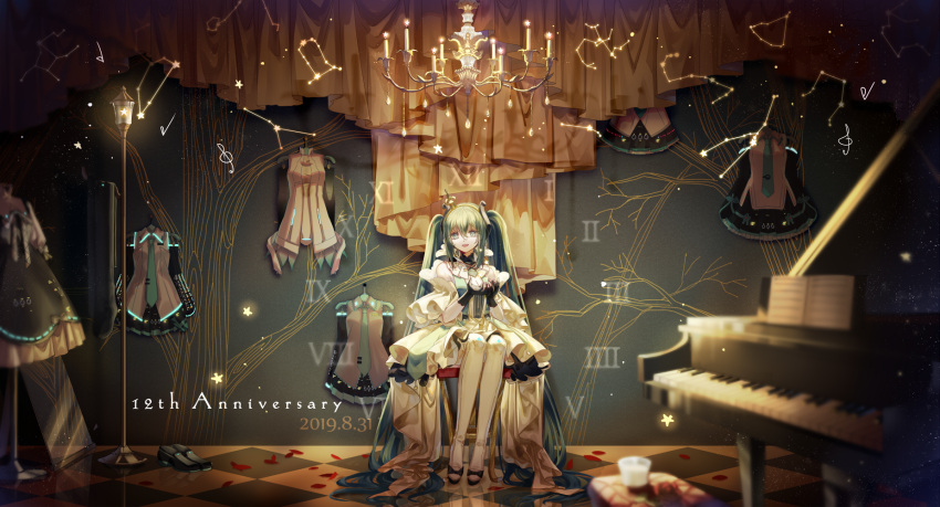 1girl 2019 anniversary aqua_eyes aqua_hair aqua_neckwear black_gloves black_skirt black_sleeves blurry_foreground chair chandelier checkered checkered_floor clock clothes_hanger commentary constellation crown curtains dated detached_sleeves dress flower gloves grey_shirt hair_ornament hands_up hatsune_miku hatsune_miku_(vocaloid3) hatsune_miku_(vocaloid4) hatsune_miku_(vocaloid4)_(chinese) highres indoors instrument lamppost long_hair looking_at_viewer miku_append necktie open_mouth petals piano roman_numerals rose shirt sitting skirt sleeveless sleeveless_shirt smile thigh-highs tree_print twintails very_long_hair vocaloid vocaloid_append wall white_dress white_legwear white_shirt wide_shot yamiluna39