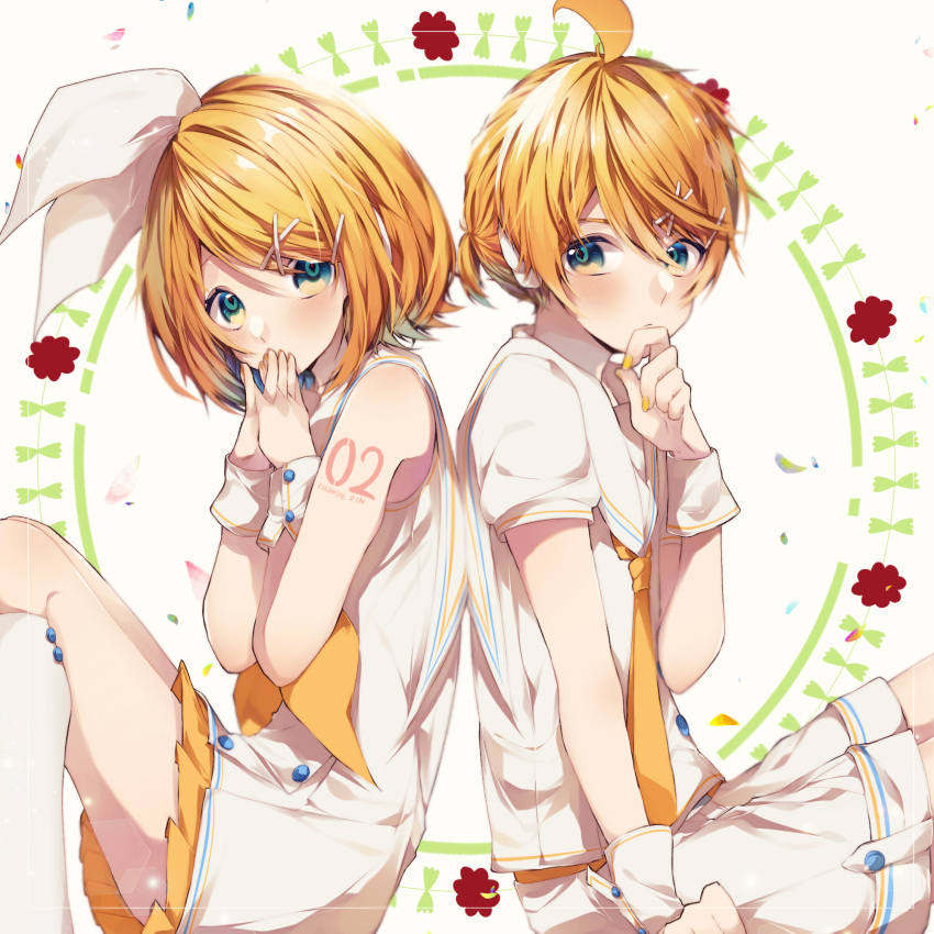 1boy 1girl arm_tattoo back-to-back bangs blonde_hair blue_eyes blush border bow brother_and_sister commentary_request covering_mouth dress eyebrows_behind_hair finger_to_chin flower_(symbol) hair_bow hair_ornament hairclip headphones highres interlocked_fingers kagamine_len kagamine_rin kneehighs lens_flare looking_at_viewer manya_sora neckerchief necktie number_tattoo petals sailor_collar shirt short_hair short_sleeves shorts siblings sidelocks sitting skirt skirt_under_dress sleeveless sleeveless_dress tattoo tied_hair twins vocaloid white_background white_border white_bow white_dress white_legwear white_sailor_collar white_shirt white_shorts wrist_cuffs yellow_nails yellow_neckwear yellow_skirt
