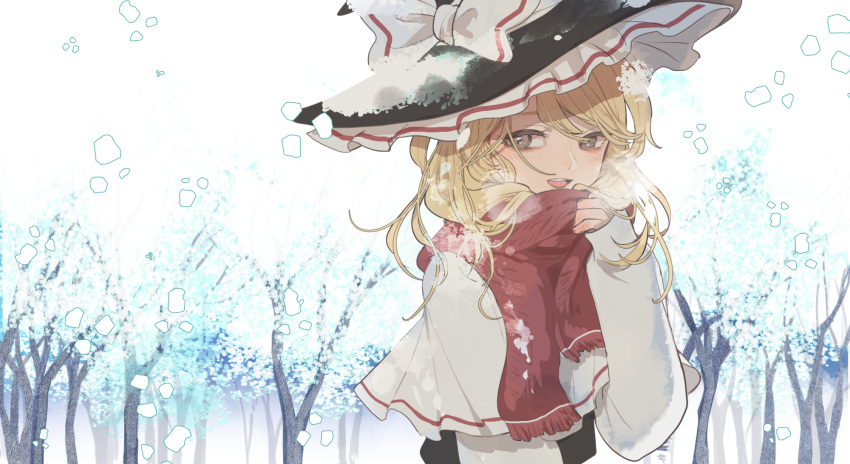 1girl blonde_hair bow hat hat_bow highres joniko1110 kirisame_marisa long_sleeves messy_hair open_mouth outdoors red_scarf scarf snow snowing solo touhou upper_body winter witch_hat yellow_eyes