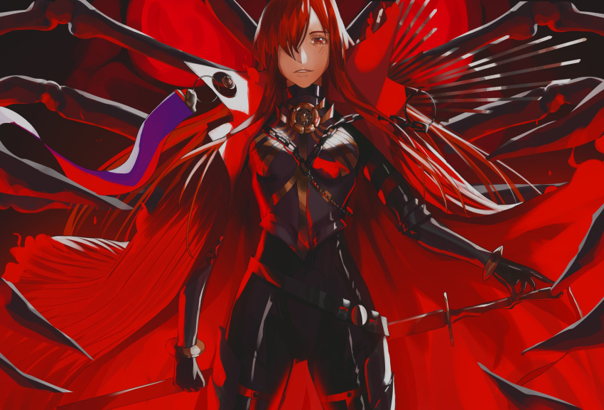 1girl asymmetrical_bangs bangs belt bone bracelet breasts cape chain collared_cape fate/grand_order fate_(series) hair_over_one_eye high_collar highres jewelry kuroi_enpitsu long_hair long_sleeves looking_at_viewer medium_breasts oda_nobunaga_(fate) oda_nobunaga_(fate)_(all) oda_nobunaga_(maou_avenger)_(fate) parted_lips red_cape red_eyes red_theme redhead skeleton solo standing sword weapon