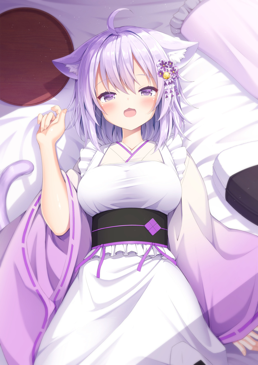 1girl absurdres ahoge animal_ear_fluff animal_ears apron bangs bed_sheet bell blush breasts cat_ears cat_girl cat_tail commentary_request eyebrows_visible_through_hair fang food frilled_pillow frills hair_bell hair_between_eyes hair_ornament highres hololive japanese_clothes jingle_bell kimono long_sleeves looking_at_viewer lying maid_apron medium_breasts nekomata_okayu obi on_back onigiri open_mouth pillow purple_hair purple_kimono ribbon-trimmed_sleeves ribbon_trim sasakura_momiji sash sleeves_past_wrists solo tail tail_raised tray violet_eyes virtual_youtuber white_apron wide_sleeves