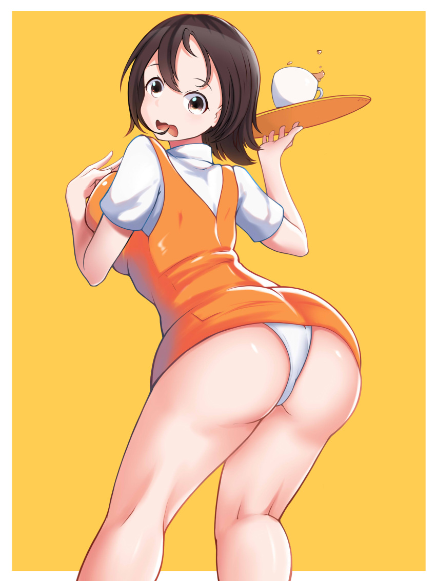 1girl absurdres agent_aika aika_(series) ass black_hair blue_delmo border breasts brown_eyes commentary cup embarrassed from_behind guxu hands_up highres holding holding_tray kneepits large_breasts legs looking_at_viewer looking_back open_mouth orange_skirt orange_vest panties pantyshot pantyshot_(standing) pencil_skirt shirt short_hair skirt solo standing thighs tray underwear uniform vest waitress waitress_delmo wavy_mouth white_border white_panties white_shirt yellow_background