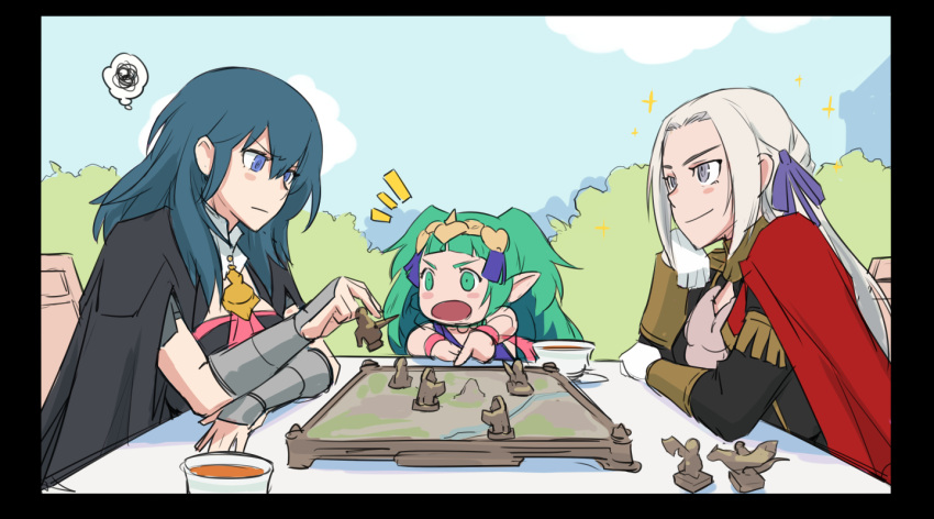 3girls blue_sky board_game byleth_(fire_emblem) byleth_eisner_(female) byleth_eisner_(female) cape chess chess_piece chessboard cup edelgard_von_hresvelg elf female_my_unit_(fire_emblem:_three_houses) fire_emblem fire_emblem:_three_houses fire_emblem:_three_houses fire_emblem_16 garreg_mach_monastery_uniform goddess green_hair human intelligent_systems loli long_hair looking_at_another manakete mikoyan multiple_girls my_unit_(fire_emblem:_three_houses) nintendo silver_hair sky smile sothis_(fire_emblem) teacup teenage upper_body