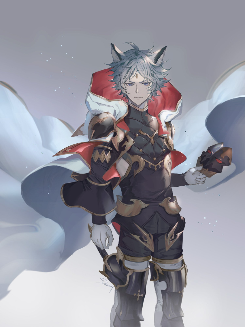 1boy animal_ears bangs blue_eyes cape darkavey erune gloves granblue_fantasy highres holding hood looking_at_viewer male_focus mask mole mole_under_eye silver_hair simple_background six_(granblue_fantasy) solo white_cape white_gloves