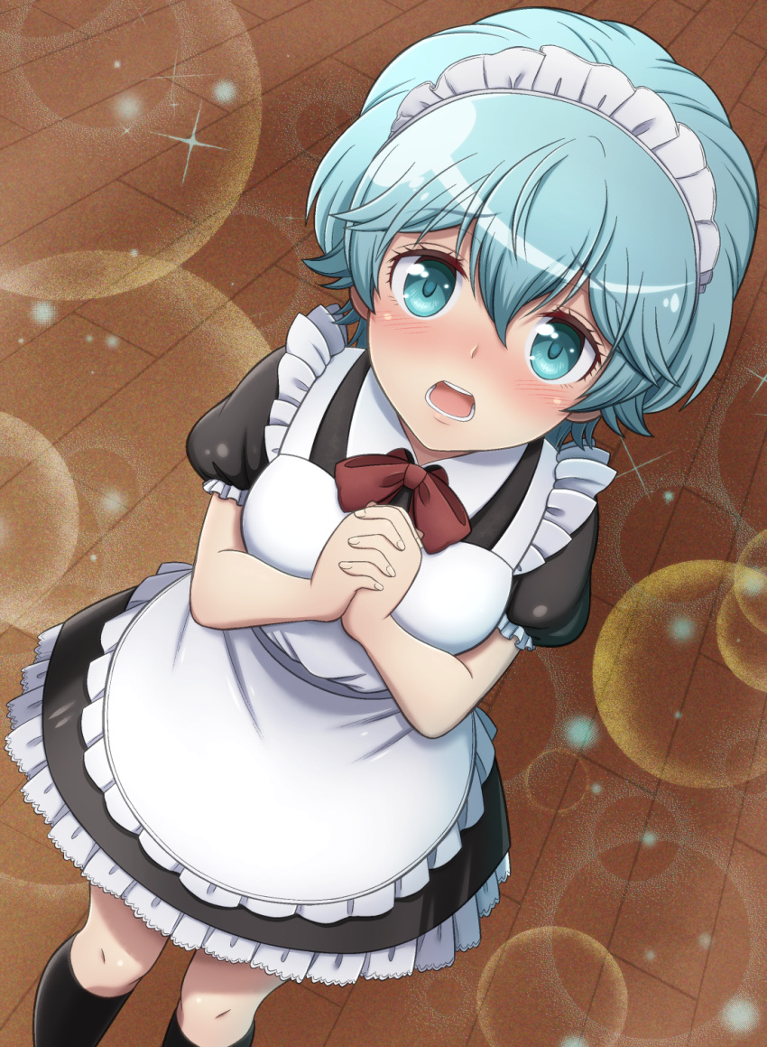 1girl :d alternate_costume apron black_legwear blue_eyes blue_hair blush dress enmaided hands_together highres houkago_saikoro_club indoors interlocked_fingers jougenmushi kneehighs looking_at_viewer maid maid_headdress open_mouth puffy_sleeves short_hair smile solo takekasa_miki