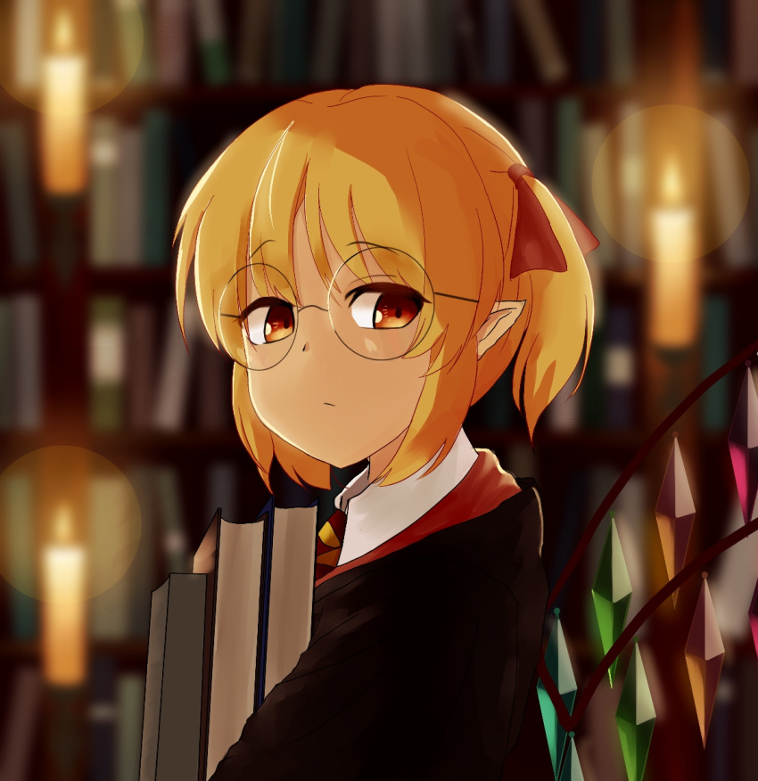 1girl aldaris alternate_costume bangs blonde_hair blurry book bookshelf candle cloak collared_shirt commentary_request crystal depth_of_field flandre_scarlet glasses highres holding holding_book library long_sleeves looking_at_viewer necktie no_hat no_headwear orange_eyes pointy_ears red_ribbon ribbon round_eyewear shirt short_hair side_ponytail solo striped striped_neckwear touhou white_shirt wings