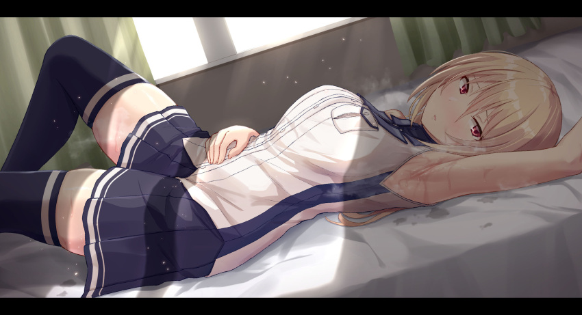 1girl armpits asaba_kakeru bangs blonde_hair blue_legwear blue_skirt blush breast_pocket breasts heavy_breathing highres indoors large_breasts letterboxed light_particles long_hair looking_at_viewer lying on_back original parted_lips pocket red_eyes shirt sidelocks skirt sleeveless sleeveless_shirt solo thigh-highs wet