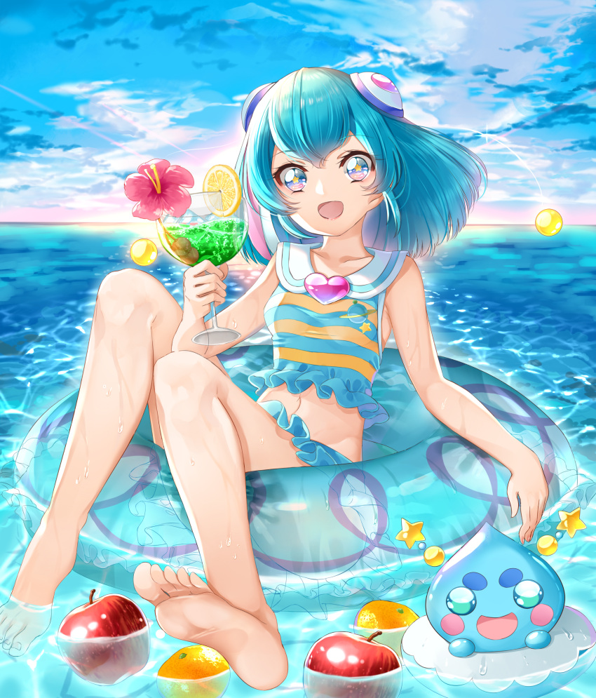 1girl :d apple bangs barefoot bikini bikini_skirt blue_bikini blue_eyes blue_hair blue_sky breasts clouds collarbone cup day eyebrows_visible_through_hair flower food fruit hagoromo_lala hibiscus highlights highres holding holding_cup innertube long_hair looking_at_viewer midriff multicolored_hair navel ocean open_mouth outdoors pink_flower precure prunce_(precure) shiny shiny_hair sitting sky small_breasts smile soles solo star_twinkle_precure stomach striped_bikini_top swimsuit yuutarou_(fukiiincho)