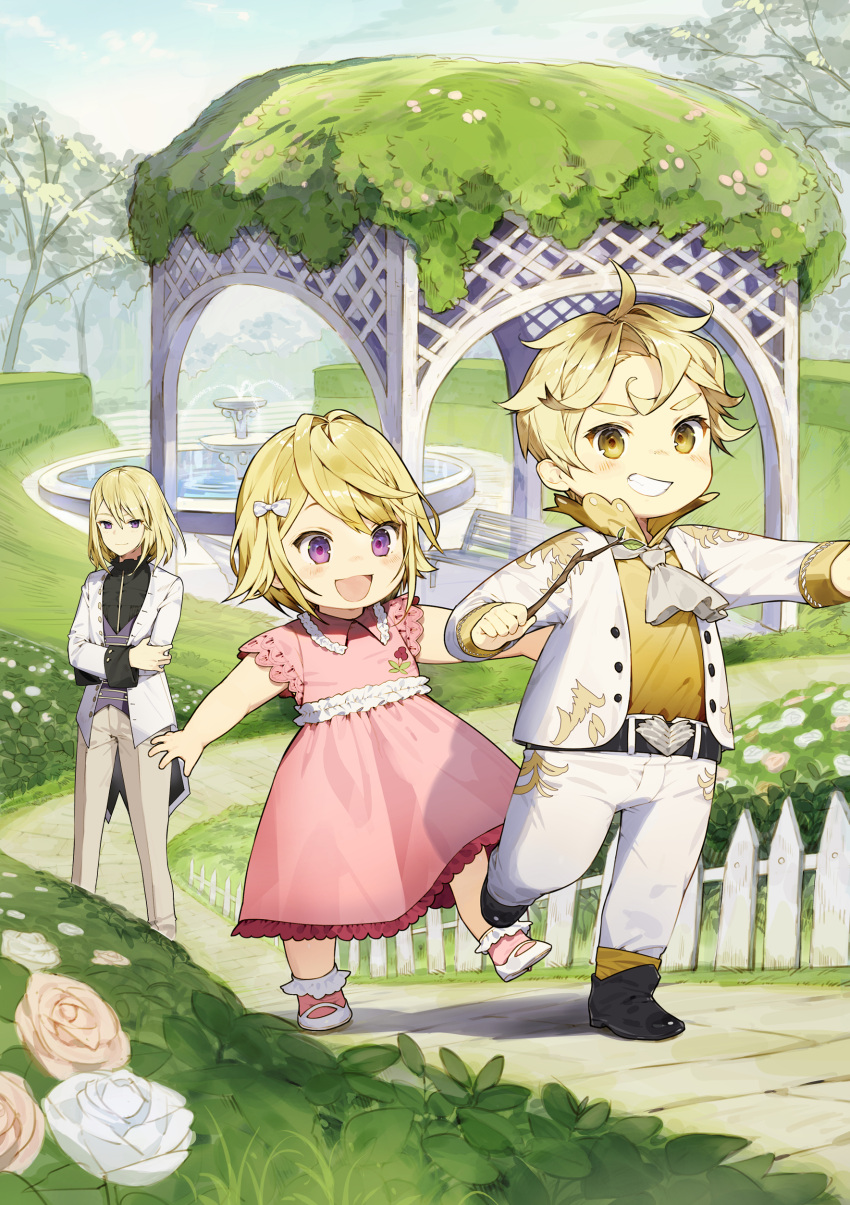 1boy 2girls :d absurdres ahoge ascot belt black_belt black_footwear black_shirt blonde_hair blush bobby_socks boots bow branch brown_eyes brown_legwear brown_pants child commentary_request day dress fence flower fountain frilled_dress frills gazebo grey_neckwear grin hair_bow hedge_(plant) highres holding holding_branch jacket misoni_comi multiple_girls official_art open_clothes open_jacket open_mouth outdoors outstretched_arm pants park path picket_fence pink_dress pink_legwear purple_vest rose shirt shoes smile socks tensei_youjo_wa_akiramenai tree vest violet_eyes water white_bow white_flower white_footwear white_jacket white_pants white_rose wooden_fence
