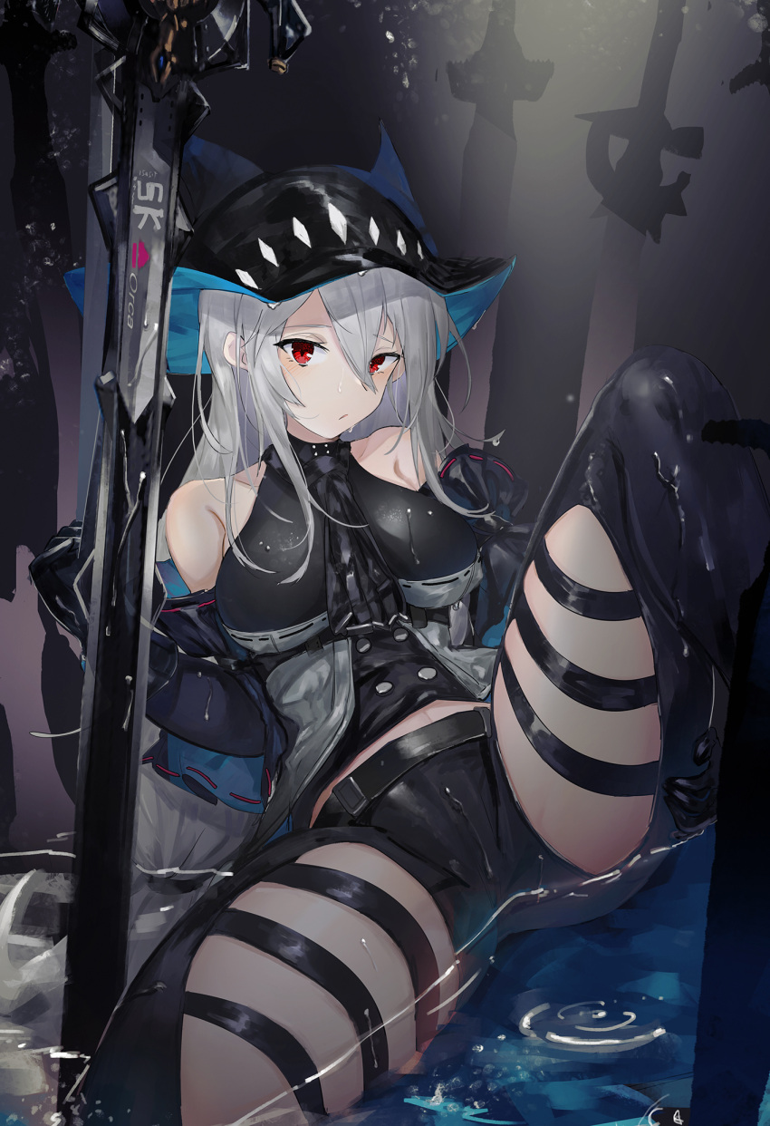 1girl arknights bangs bare_shoulders belt black_gloves black_headwear black_pants breasts chaps eyebrows_visible_through_hair gloves hair_between_eyes hat highres large_breasts long_hair looking_at_viewer pants red_eyes shirt shiyashiki silver_hair sitting skadi_(arknights) sleeveless sleeveless_shirt solo spread_legs thighs weapon wet