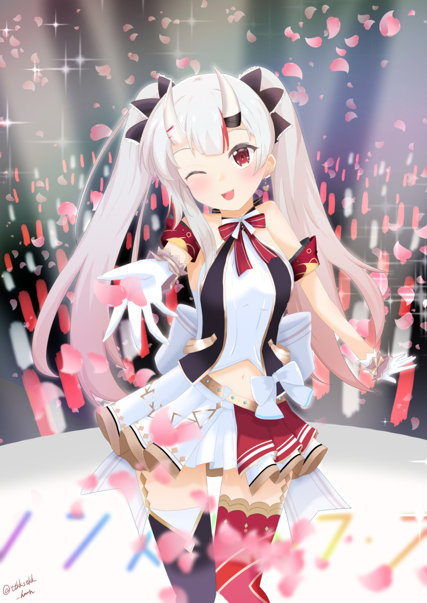 1girl absurdres alternate_costume alternate_hairstyle blush breasts commentary_request gloves hair_between_eyes hair_ornament highres hololive long_hair looking_at_viewer nakiri_ayame navel one_eye_closed oni_horns open_mouth reaching_out red_eyes silver_hair solo thigh-highs twintails virtual_youtuber